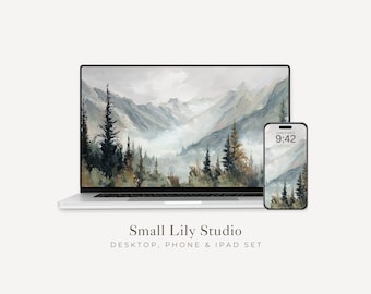Set di sfondi per desktop con paesaggi invernali, sfondi con alberi e montagne, sfondi per iPhone con natura, sfondi per iPad in stile vintage / WS164