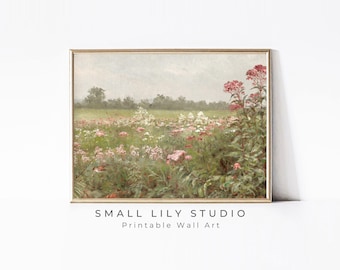 PRINTABLE Pink Wildflowers Wall Art, Vintage painting field of flowers print, Spring floral landscape print, Instant digital download | P054