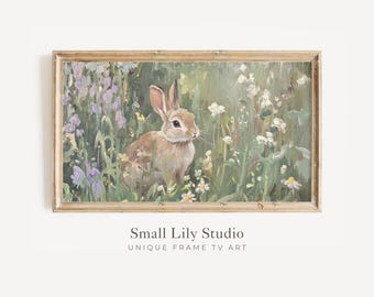 FRAME TV art Bunny in Purple Flowers, Samsung Frame tv art Vintage Easter, Green Spring landscape painting with cute white rabbit | TV716