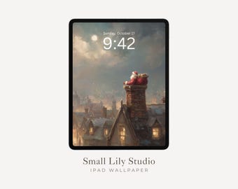 Santa iPad Wallpaper, Christmas Eve iPad Background, Whimsical Tablet Wallpaper, Festive Vintage Style Painting | WT109