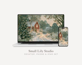 Christmas Cottage Desktop Wallpaper Set, Winter Phone Wallpaper, iPhone Wallpaper, Whimsical iPad Background Vintage Style | WS307