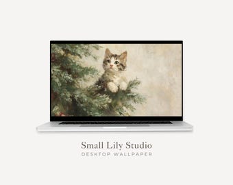 Bureaubladbehang Kitten in Tree, Macbook-behang kerst, laptopachtergrond kattenliefhebber, schilderij in vintagestijl | WD111