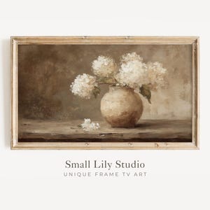 Arte para TV FRAME: Hortênsias em Vaso Rústico, Cores Neutras de Outono. Arte para TV Samsung Frame, Pintura Floral em Estilo Vintage, Protetor de Tela para TV com Tons Terrosos | TV917