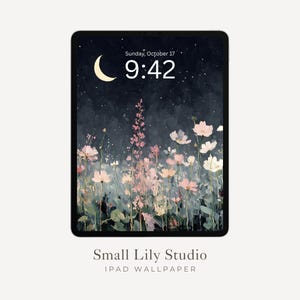 Papel de parede Jardim Noturno para iPad, Papel de parede Lua e Estrelas para iPad, Pintura Floral em Estilo Vintage, Fundo de Flores Silvestres Rosa para Tablet | WT014