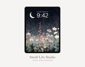 Night Garden iPad Wallpaper, Moon and Stars iPad Wallpaper, Vintage Style Floral Painting, Pink Wildflowers Tablet Background | WT014