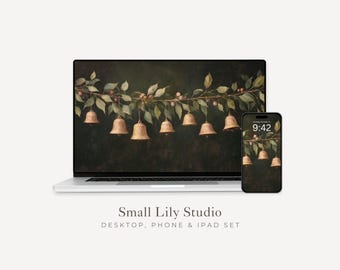 Christmas Bells Desktop Wallpaper Set, Dark Festive Phone Wallpaper, Black Gold iPhone Wallpaper, iPad Background Vintage Style | WS104