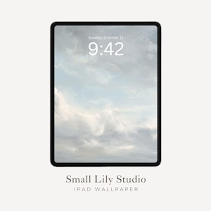 May include: A black iPad displays a cloudy sky wallpaper with the time 9:42 and the date Sunday, October 17. The text "Small Lily Studio" and "IPAD WALLPAPER" are at the bottom of the screen.