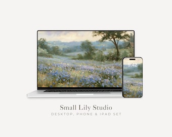 Blue Wildflowers Desktop Wallpaper Set, Floral Phone Wallpaper, Spring iPhone Wallpaper, Aesthetic iPad Background Vintage Style | WS265