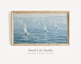 FRAME TV Art Sailing Boats, Samsung Frame TV Art Summer Regatta, Vintage Style Coastal Artwork Blue and White | TV1291