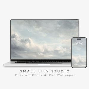 Bureaubladbehang wolken, telefoonbehang bewolkte lucht, ontspannend iPhone-behang, esthetische iPad-achtergrond vintage stijl schilderij | WS044