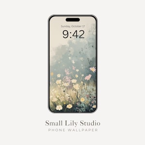 May include: A smartphone shows a floral wallpaper in pastel shades. The lock screen displays the time as 9:42 and the date as Sunday, October 17. The phone is black with rounded corners. The text "Small Lily Studio PHONE WALLPAPER" is at the bottom.