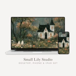 May include: A laptop and a smartphone displaying a digital wallpaper featuring a white house with a dark roof, two small ghosts, and autumn trees. The text Small Lily Studio DESKTOP, PHONE & IPAD SET is printed below the devices in dark gray.