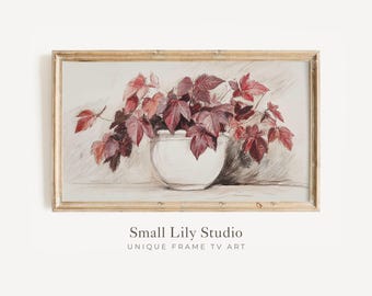 FRAME TV art Fall Botanical Sketch, Samsung Frame Tv Art Autumn Red Maple Leaves, Farmhouse TV Art Dark Burgundy Vintage Style | TV427