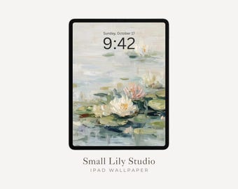 iPad-behang waterlelievijver, ontspannend waterlelies iPad-behang, esthetische tabletachtergrond vintage stijl schilderij | WT025