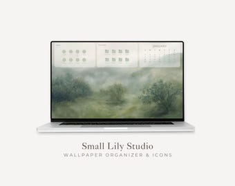 2026-2027 Desktop Wallpaper Organizer, Green Laptop Background and Folder Icons Set, Digital Monthly Calendar Windows Mac | WO004