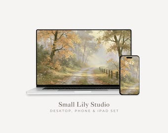 Fall Trees Desktop Wallpaper Set, Autumn Phone Wallpaper, Yellow iPhone Wallpaper, Aesthetic iPad Background Vintage Style | WS268