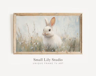 FRAME TV art White Rabbit, Easter Bunny tv art neutral, Rustic farmhouse Samsung Frame tv art vintage painting style, Spring TV art | TV710