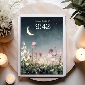 Conjunto de fondos de pantalla para escritorio Jardín Nocturno, Fondo de pantalla para teléfono Flores Oscuras, Fondo de pantalla floral para iPhone, Fondo celestial para iPad Luna y estrellas / WS013 imagen 6