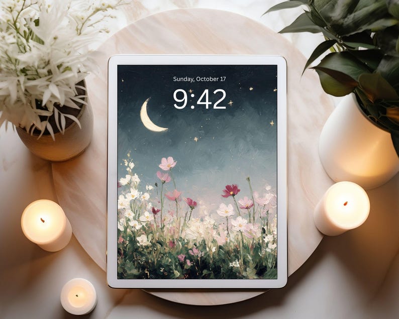 Conjunto de fondos de pantalla para escritorio Jardín Nocturno, Fondo de pantalla para teléfono Flores Oscuras, Fondo de pantalla floral para iPhone, Fondo celestial para iPad Luna y estrellas / WS013 imagen 6
