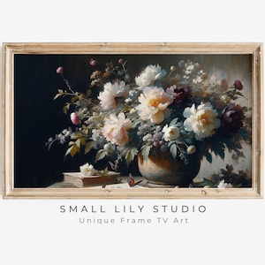 FRAME TV Moody Floral Still Life art, Samsung Frame tv art dark flowers, Valentines Vintage painting style tv artwork pink peonies | TV245