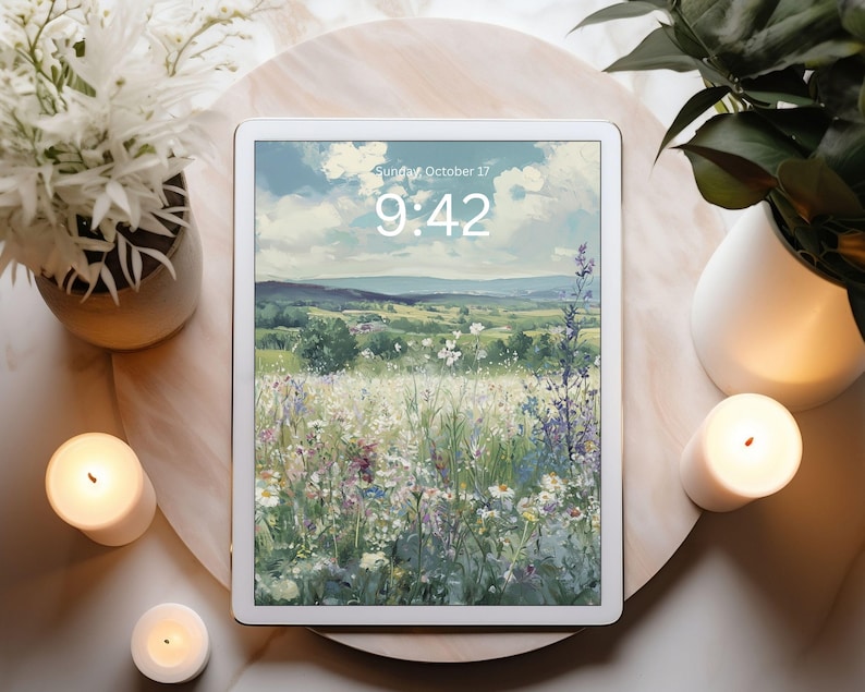 May include: A white tablet displays a landscape painting of a field of wildflowers under a cloudy sky. The time is 9:42 on Sunday, October 17. The tablet is on a marble surface, surrounded by candles and plants.