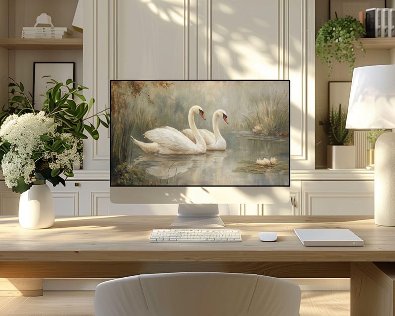 White Swans Desktop Wallpaper, Romantic MacBook Wallpaper, Neutral ...