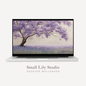 Könnte beinhalten: Ein silberner Laptop zeigt ein digitales Gemälde eines Baumes mit lila Blüten in einem Lavendelfeld. Unter dem Laptop steht der Text "Small Lily Studio DESKTOP WALLPAPER". Der Hintergrund ist hell.