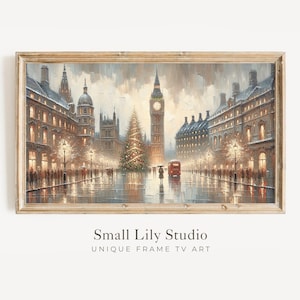KADER Tv-kunst Londen Kerstmis in de regen, humeurig tv-kunst lijst kerst straatbeeld, neutraal kerst stadsgezicht Samsung lijst tv-kunst | TV174