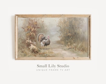 FRAME TV Art Turkey in Fall Country Landscape, Thanksgiving Samsung Frame TV art, Vintage Style Turkey Painting Neutral Brown | TV820