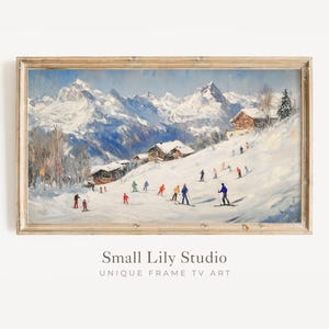 RAHMEN TV-Kunst, Skiurlaub, Samsung Frame TV-Kunst Bunte Skifahrer, Winter in den Schneebedeckten Bergen Vintage-Stil Gemälde Schweizer Alpen | TV525