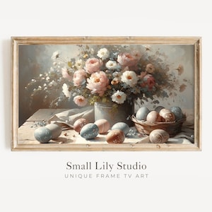 Oeuvres d'art pour télévision FRAME de Pâques, Oeufs de Pâques floraux pour télévision Samsung Frame rose bleu, oeuvre d'art vintage de style peinture à la ferme avec cadre de Pâques pour Pâques | TV258