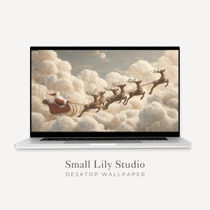 Papier peint du bureau promenade en traîneau du père Noël, papier peint Noël pour Macbook, arrière-plan pour ordinateur portable renne style feutre mignon | WD136
