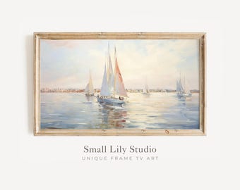 Summer FRAME TV art Sailboats, Samsung Frame tv art nautical, Neutral coastal TV art boats sailing in ocean, Vintage style tv art  | TV319