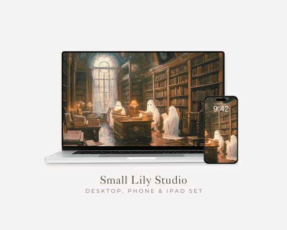 Ghost in Library Desktop Wallpaper Set, Halloween Phone Wallpaper, Spooky iPhone Wallpaper, Bookish iPad Background Vintage Style | WS041