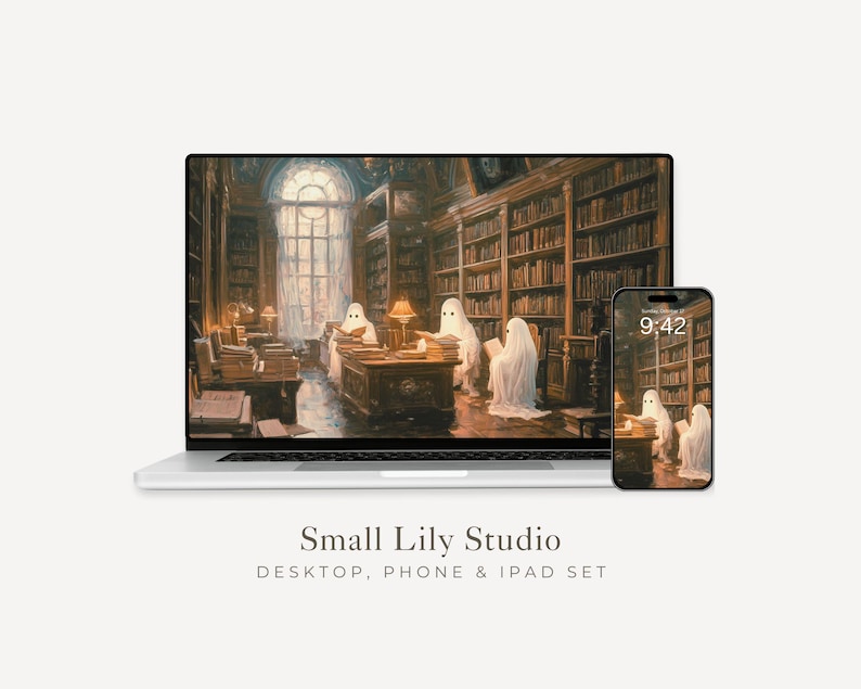 Ghost in Library Desktop Wallpaper Set, Halloween Phone Wallpaper, Spooky iPhone Wallpaper, Bookish iPad Background Vintage Style | WS041 image 1