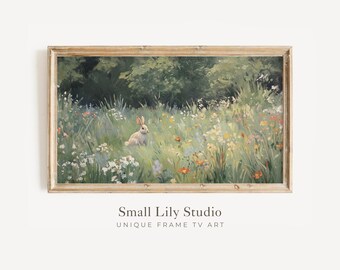 FRAME TV art Bunny in Flower Field, Samsung Frame tv art Vintage Easter, Green Spring landscape painting with cute white rabbit | TV715