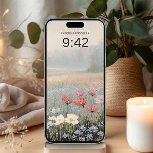 May include: A smartphone displays a floral landscape wallpaper with red poppies, white flowers, and blue accents. The time is 9:42 AM on Sunday, October 17. A lit candle and a potted plant in a woven basket are in the background.