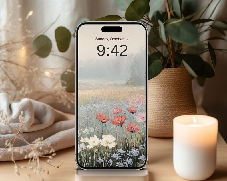 May include: A smartphone displays a floral landscape wallpaper with red poppies, white flowers, and blue accents. The time is 9:42 AM on Sunday, October 17. A lit candle and a potted plant in a woven basket are in the background.