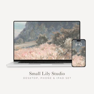 Pink Flower Field Desktop Wallpaper Set, Spring Landscape Phone Wallpaper, Vintage Style iPhone Wallpaper, Aesthetic iPad Background | WS011