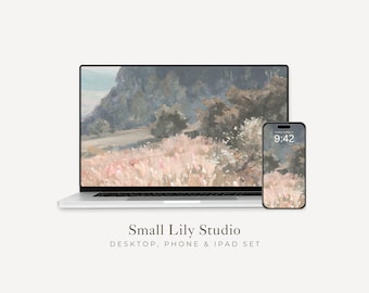 Pink Flower Field Desktop Wallpaper Set, Spring Landscape Phone Wallpaper, Vintage Style iPhone Wallpaper, Aesthetic iPad Background | WS011