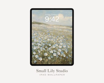 Blue Flower Field iPad Wallpaper, Spring iPad Background, Aesthetic Tablet Wallpaper, Floral Vintage Style Painting | WT226