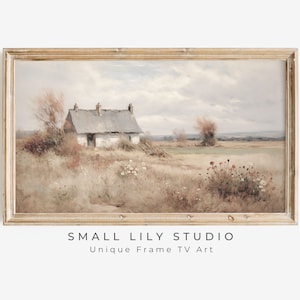 FRAME TV art Cottage in Country Landscape, Neutral Fall vintage style farmhouse painting, Samsung Frame tv art rustic beige brown | TV378