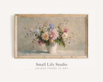 FRAME TV Art Pink and Blue Flower Bouquet, Spring Samsung Frame TV Art, Vintage Style Floral Painting, Mother's Day Flowers Artwork | TV1255