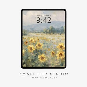 Sunflower Field iPad Wallpaper, Sunflowers iPad Background, Yellow Flowers Tablet Wallpaper, Vintage Style Floral Painting | WT073