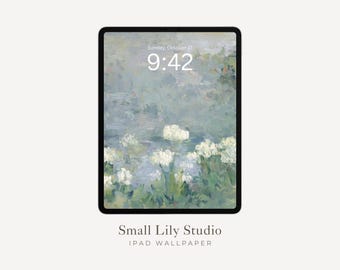 iPad-behang met abstracte bloemen, blauwgroen iPad-behang, esthetische tabletachtergrond vintage stijl schilderij | WT026