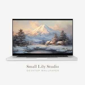 Fondo de pantalla del Monte Fuji (Japón), paisaje invernal para Macbook, fondo rosa y azul para portátil, pintura vintage / WD163