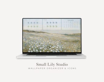 2026-2027 Blue Flowers Desktop Wallpaper Organizer, Macbook Wallpaper Calendar & Folder Icons, Aesthetic Laptop Background Mac PC | WO013