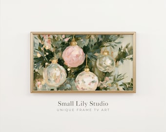 FRAME TV Art Pastel Christmas Ornaments, Aesthetic Seasonal Samsung Frame TV Art, Textured Pink Green Painting | TV1453