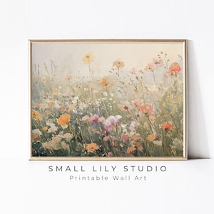 PRINTABLE Wildflowers Wall Art, Soft Vintage style painting floral landscape print, Pretty pink nursery kids room girl print flowers | P084