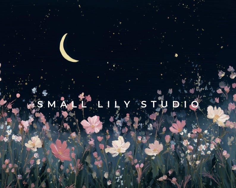 May include: An artistic painting of a night scene with a crescent moon and stars. The foreground features a field of pink and white flowers. The text "SMALL LILY STUDIO" is displayed in white.